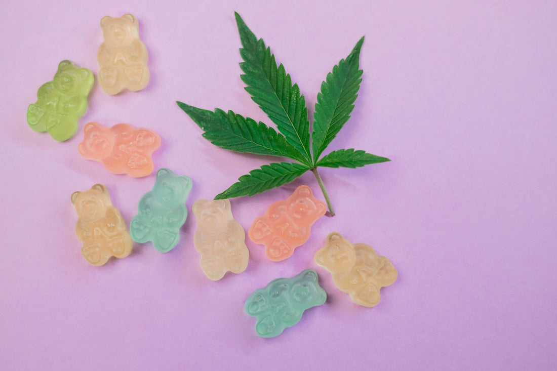Colorful gummy bears in various flavors with a cannabis leaf on a purple background