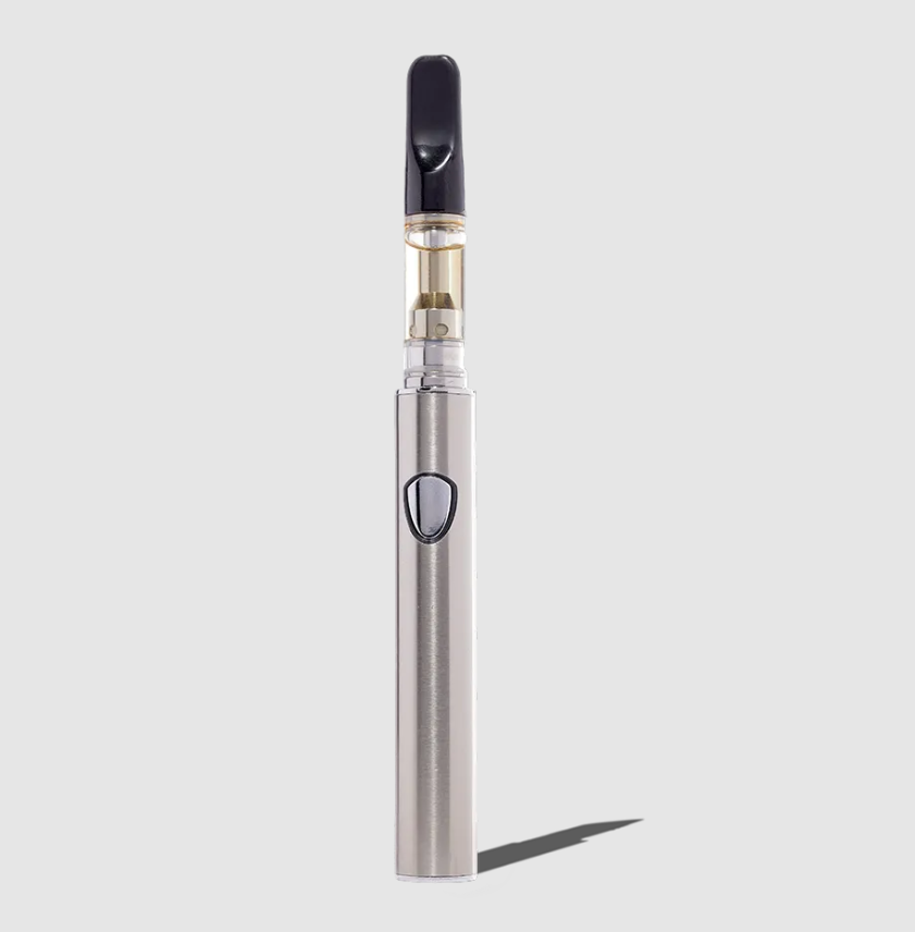 A silver vape battery with a cartridge attached, designed for vaping.