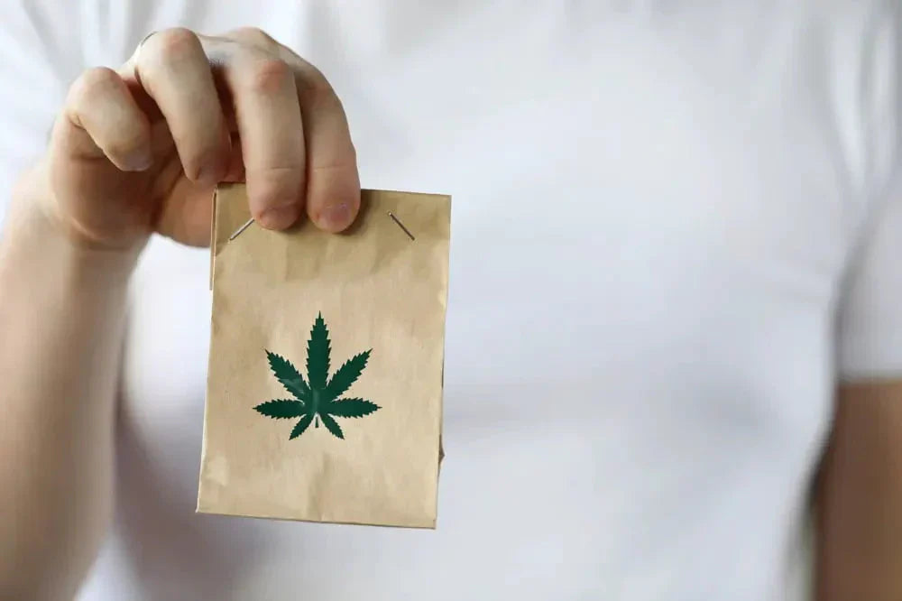 Person holding a package with a cannabis leaf design