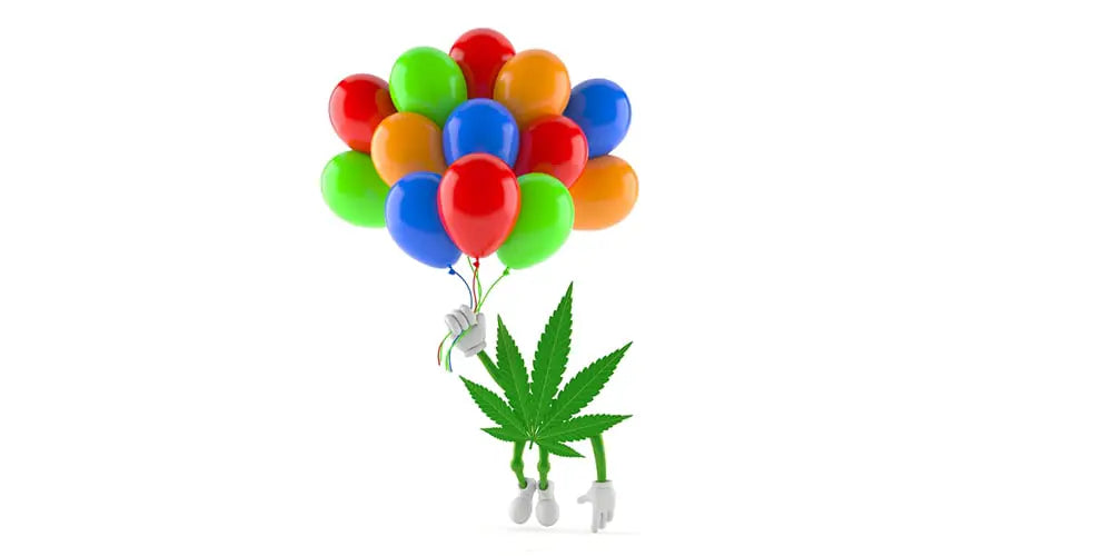 A cartoon character holding colorful balloons with a cannabis leaf below.