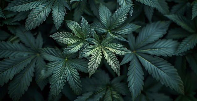 Close-up of cannabis leaves with the text 'Is Delta 8 Indica or Sativa?'
