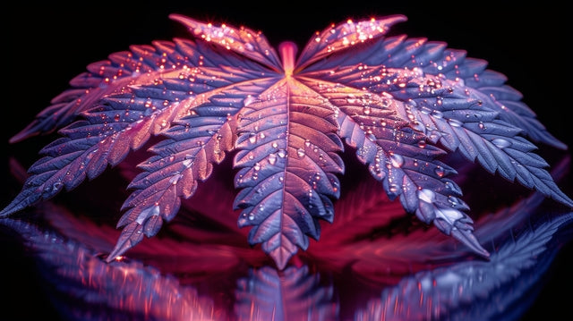 A colorful cannabis leaf with droplets on it, reflecting light.