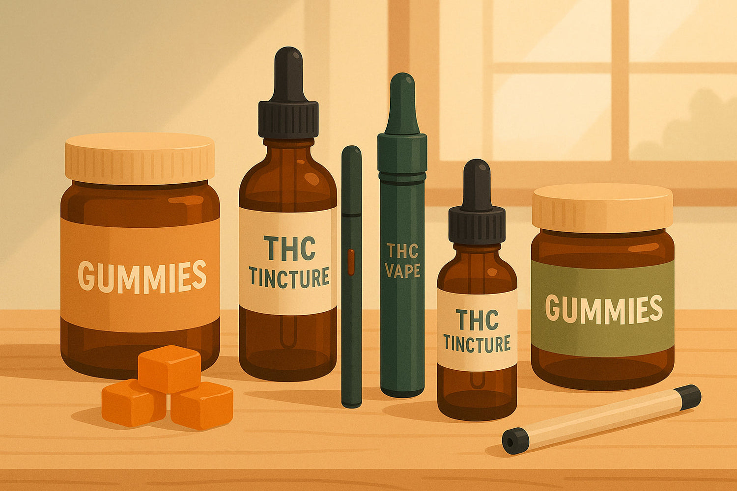 Assorted THC products including gummies, tinctures, and vapes on a table
