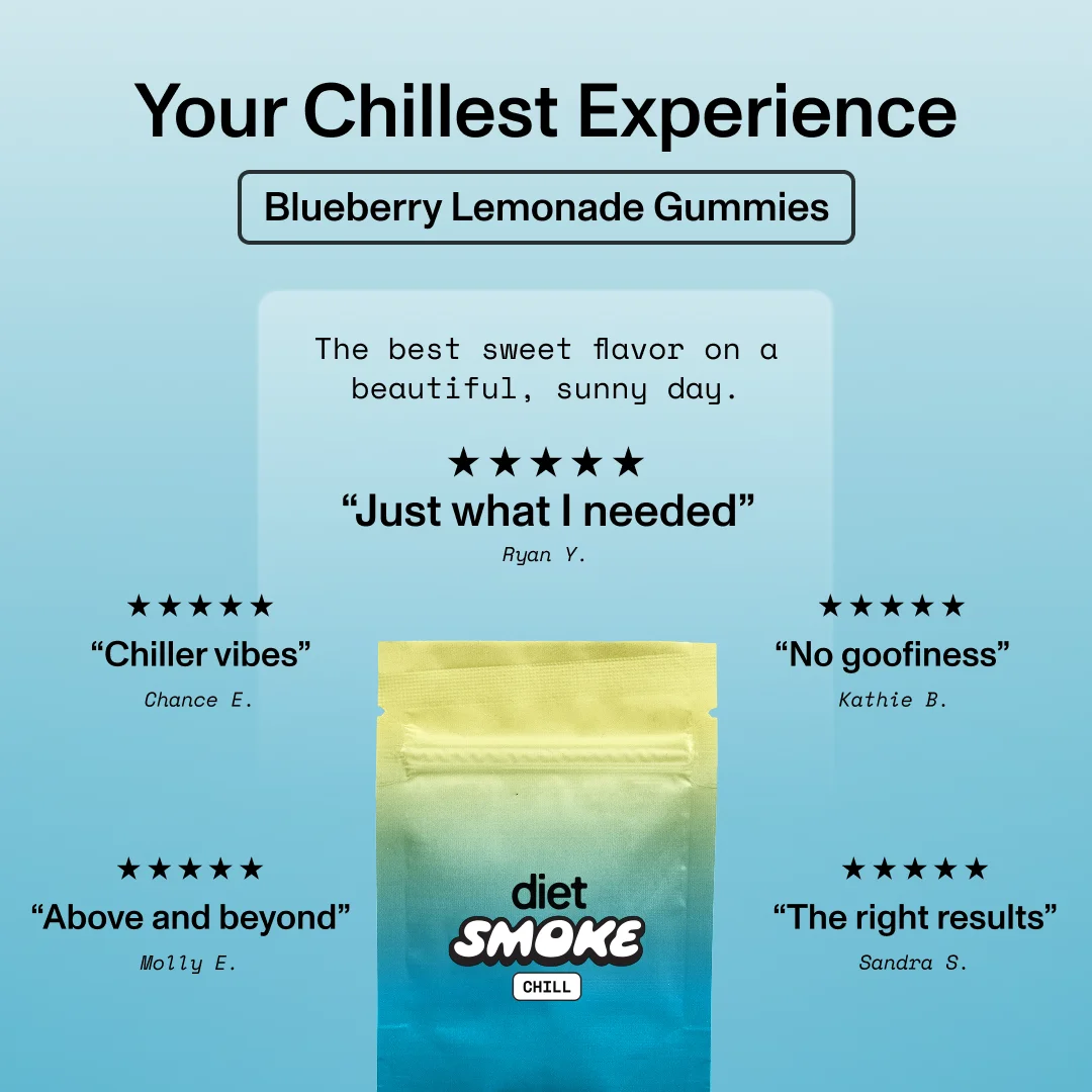Your Chillest Experience: Blueberry Lemonade Gummies with user reviews: 'Just what I needed', 'Chiller vibes', 'Above and beyond', 'No goofiness', 'The right results'.