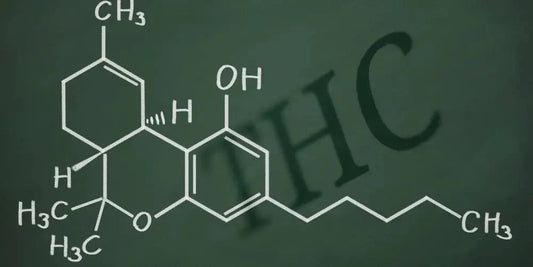Chemical structure of THC with the letters THC in the background.
