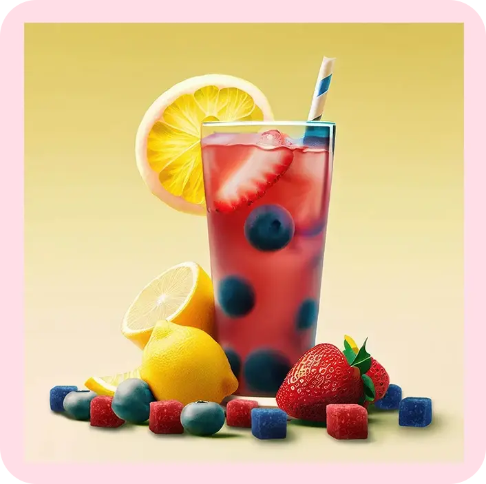 A colorful drink with lemon and berries, surrounded by gummy candies.