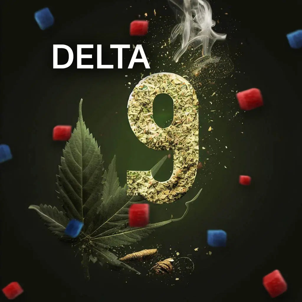 Delta 9 with cannabis leaf, gummies, and smoke effects