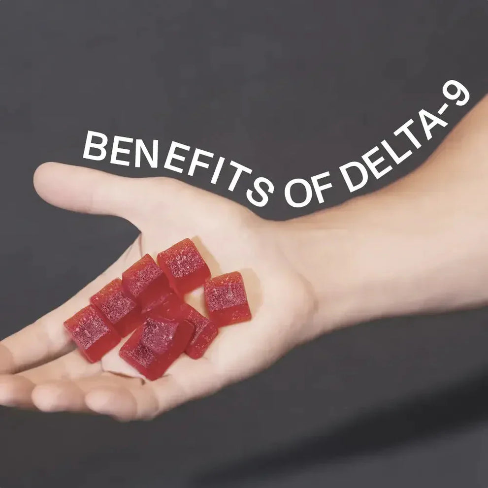 A hand holding red gummies with the text 'BENEFITS OF DELTA-9' above.