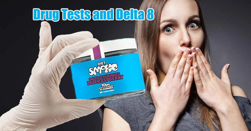 A person surprised holding a jar of Diet Smoke Blue Raspberry gummies with a gloved hand in the foreground.