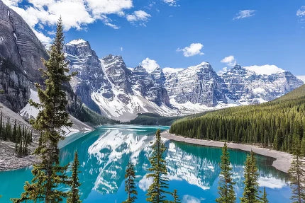 A scenic view of mountains and a lake with trees in the foreground.