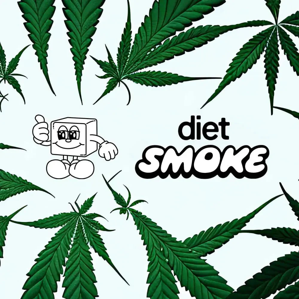Cartoon character giving a thumbs up with cannabis leaves in the background