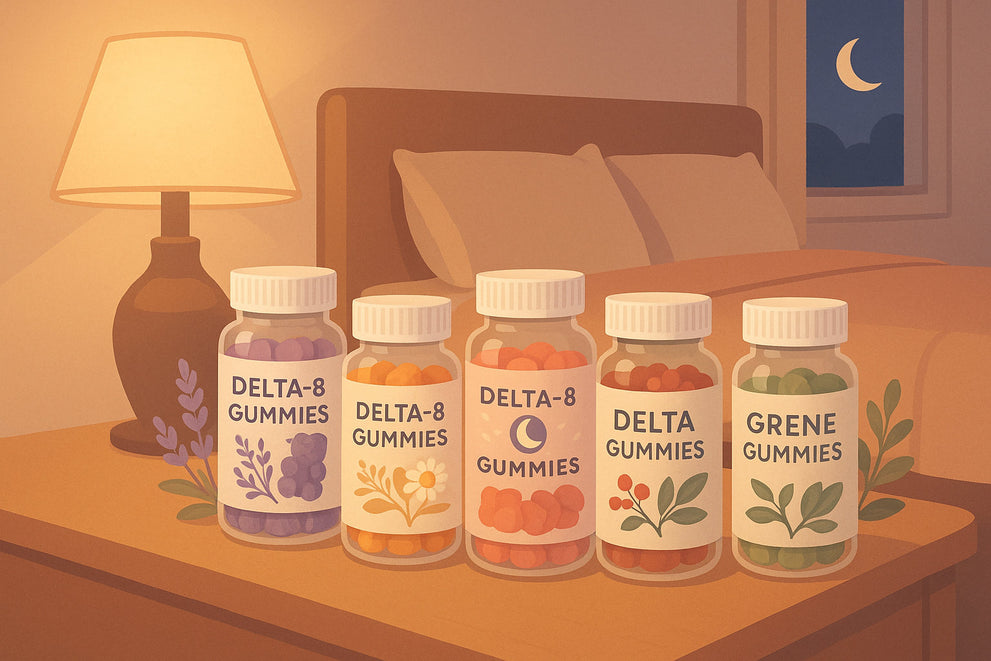Six jars of Delta-8 gummies on a bedside table, with a lamp and a window showing a crescent moon.