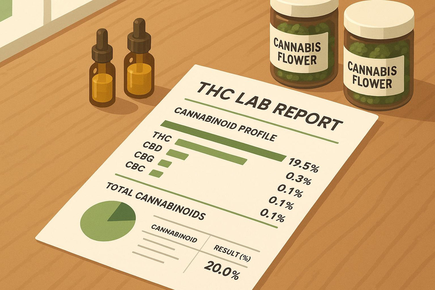 THC lab report showing cannabinoid profile with THC at 19.5% and two jars of cannabis flower