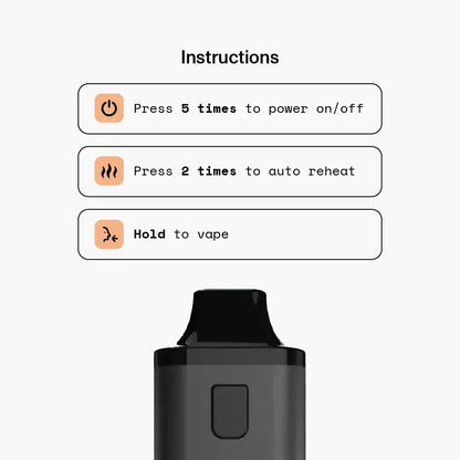 Instructions for using the Lemon Super Haze vape: Press 5 times to power on/off, 2 times to auto reheat, hold to vape.