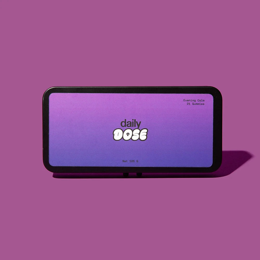 Evening Calm Gummies package with 'daily dose' text and purple gradient background.