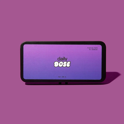 Evening Calm Gummies package with 'daily dose' text and purple gradient background.