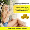 A woman enjoying Pineapple Express gummies, with text highlighting 'The cult classic 50 mg gummy for a consistent, relaxing experience.'