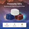 Fireworks 125's gummies in red, white, and blue with text: 'Bursting with Flavor & Euphoric Power' and product guarantees.