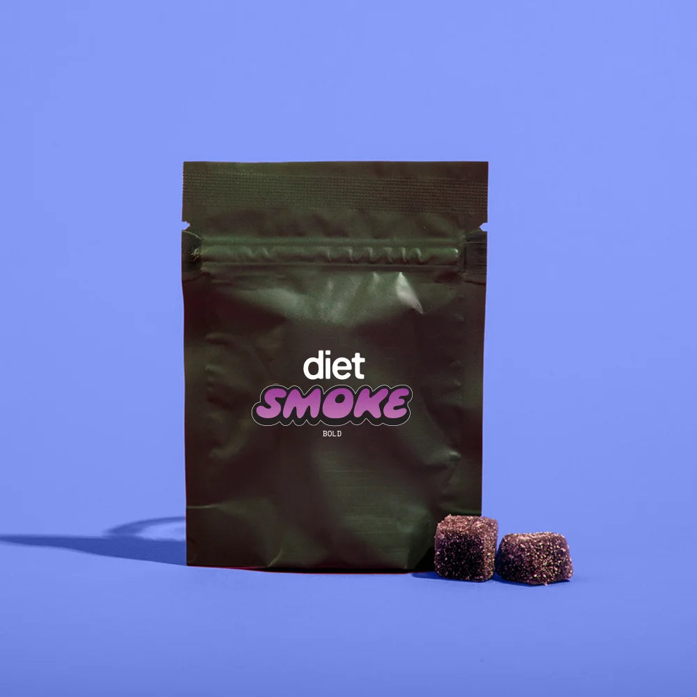 Diet Smoke gummies package with two gummies beside it.