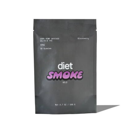 Blackberry Delta-9 THC gummies package, 10mg per gummy, 30 gummies total.