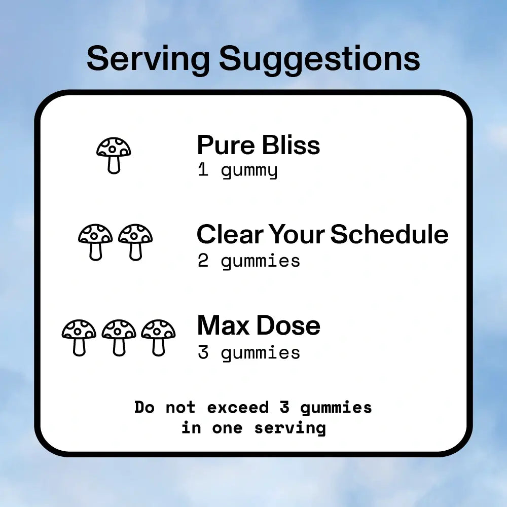 Serving suggestions for Blue Boomers gummies: Pure Bliss (1 gummy), Clear Your Schedule (2 gummies), Max Dose (3 gummies). Do not exceed 3 gummies in one serving.