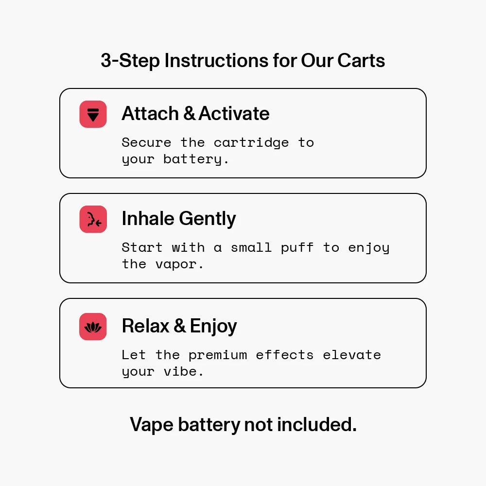 3-Step Instructions: Attach & Activate, Inhale Gently, Relax & Enjoy. Vape battery not included.