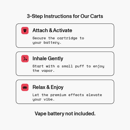 3-Step Instructions: Attach & Activate, Inhale Gently, Relax & Enjoy. Vape battery not included.