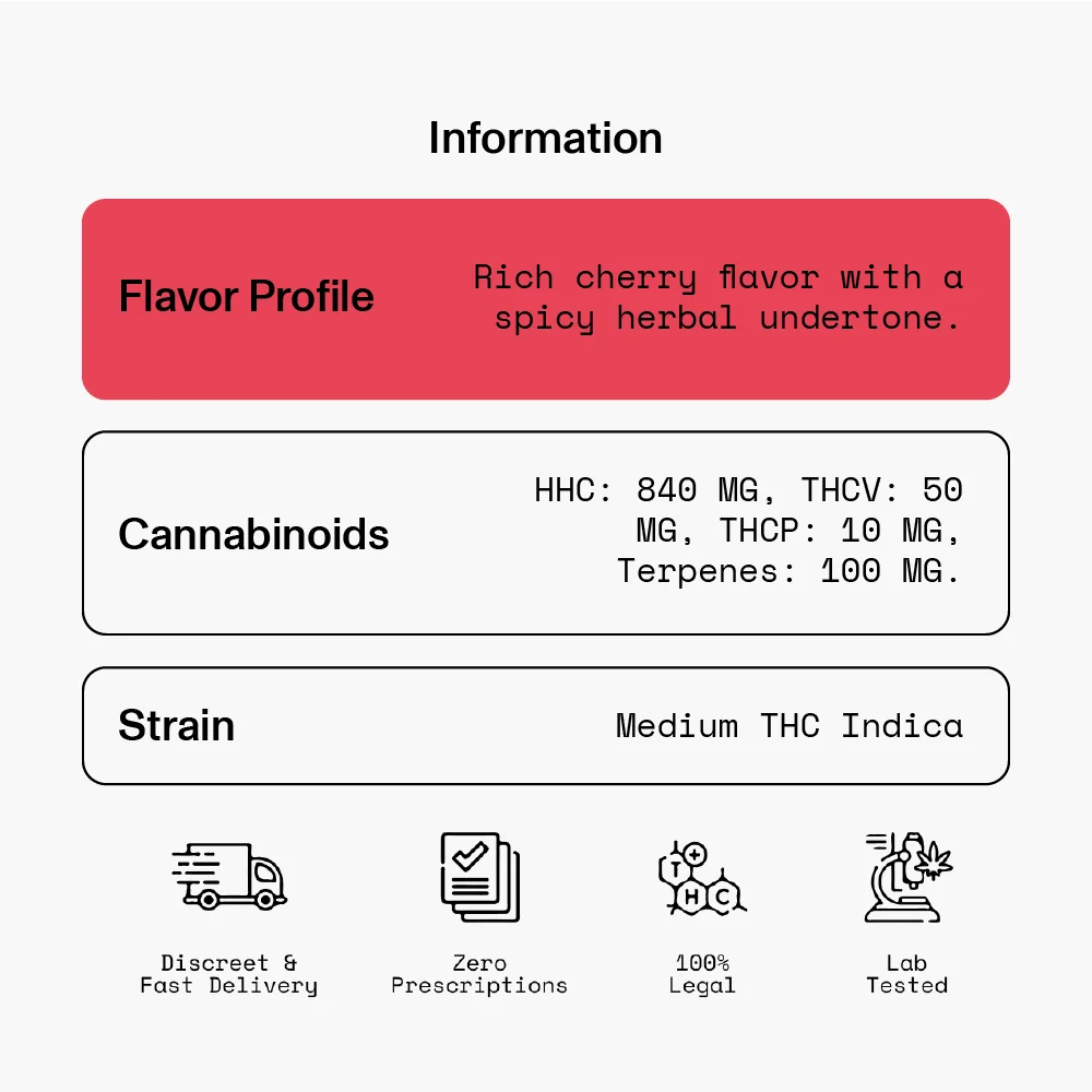 Flavor profile: Rich cherry flavor with a spicy herbal undertone. Cannabinoids: HHC 840 MG, THCV 50 MG, THCP 10 MG, Terpenes 100 MG. Strain: Medium THC Indica.