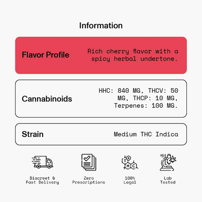 Flavor profile: Rich cherry flavor with a spicy herbal undertone. Cannabinoids: HHC 840 MG, THCV 50 MG, THCP 10 MG, Terpenes 100 MG. Strain: Medium THC Indica.