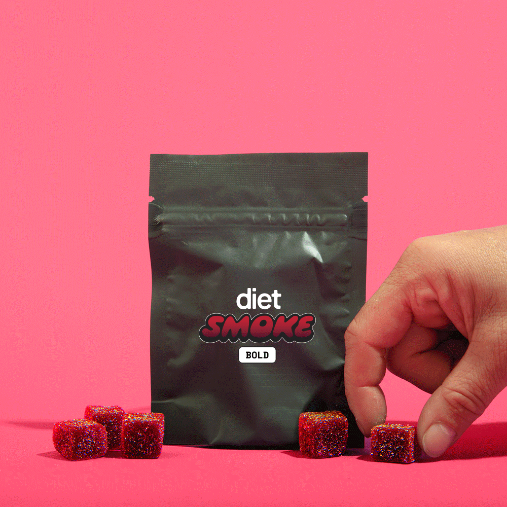 A hand reaching for Cherry Bomb gummies from a black bag labeled 'diet SMOKE BOLD'.