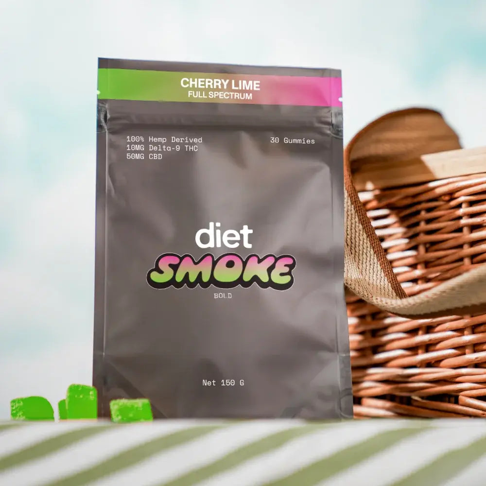 Cherry Lime gummies package featuring 100% hemp-derived, 10mg Delta-9 THC, and 60mg CBD, 30 gummies total.