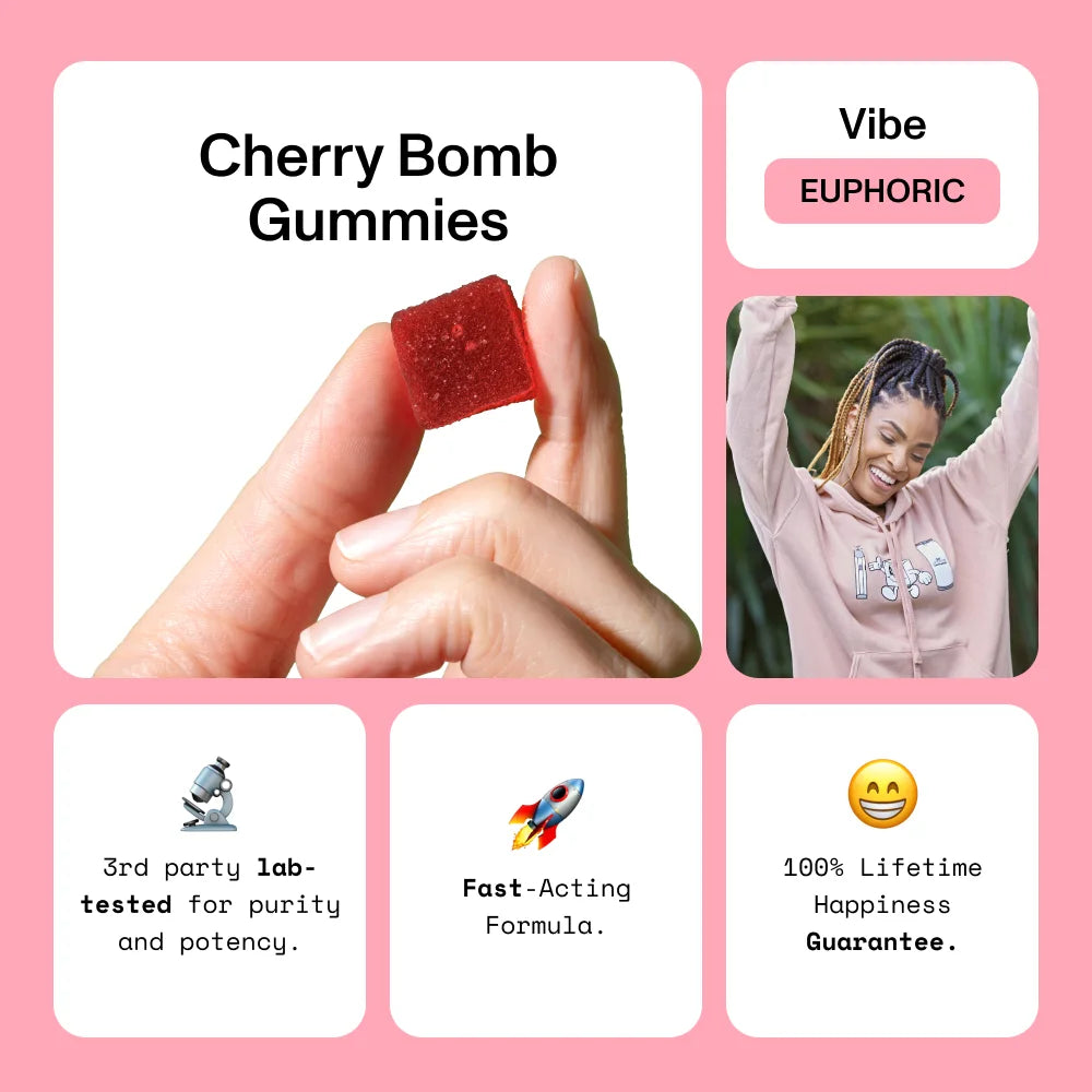 Cherry Bomb gummies in hand with text: '3rd party lab-tested for purity and potency. Fast-Acting Formula. 100% Lifetime Happiness Guarantee.'