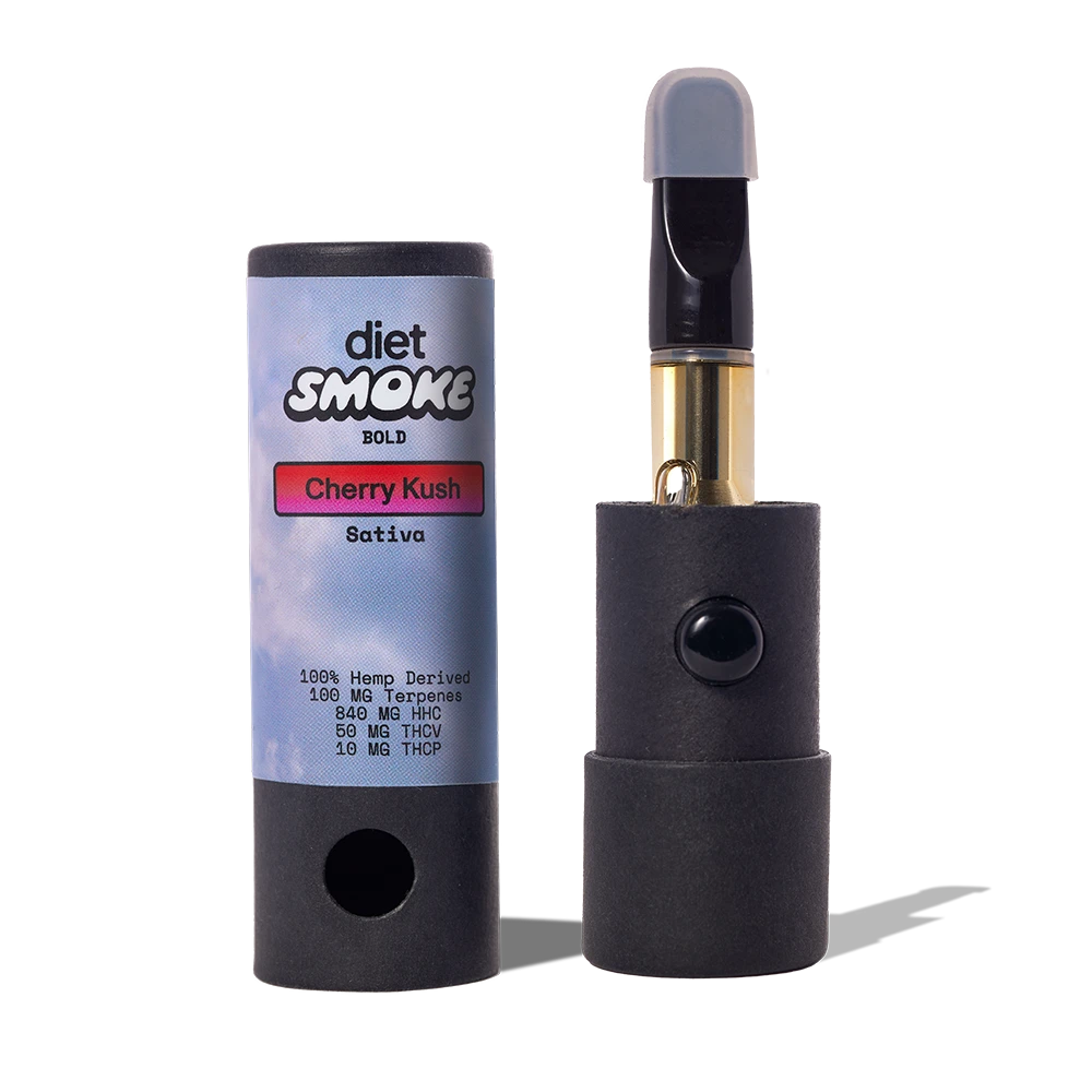 Cherry Kush Cart with 1G hemp-derived distillate, 100mg terpenes, and THC details
