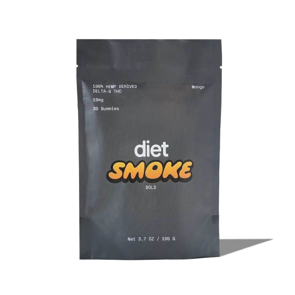 Diet Smoke Mango Gummies package with 10mg Delta-9 THC, 30 gummies