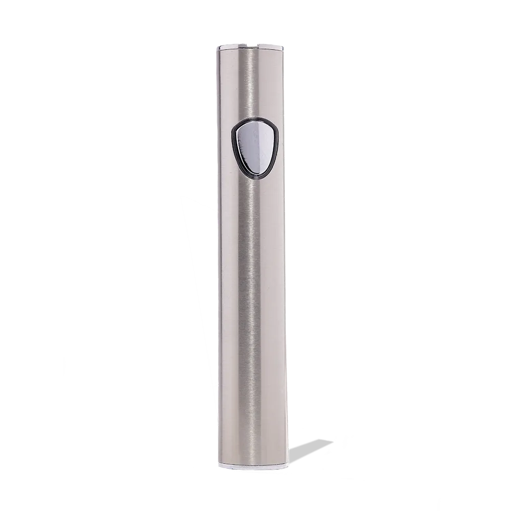 Silver vape battery with button, used for vaping products.