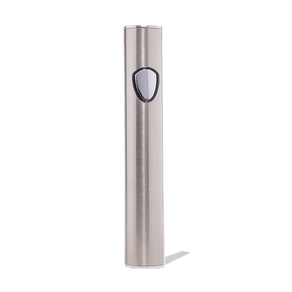 Silver vape battery with button, used for vaping products.