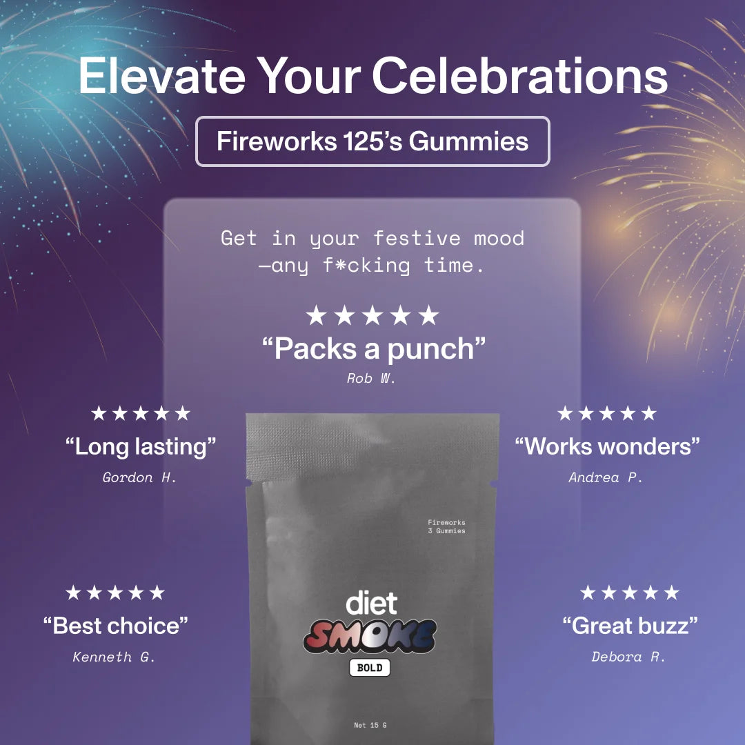 Fireworks 125's Gummies packaging with customer reviews: 'Packs a punch', 'Long lasting', 'Works wonders', 'Best choice', 'Great buzz'.