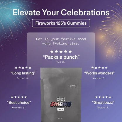 Fireworks 125's Gummies packaging with customer reviews: 'Packs a punch', 'Long lasting', 'Works wonders', 'Best choice', 'Great buzz'.