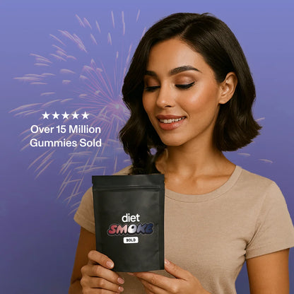 A woman holding a bag of Diet Smoke gummies with fireworks in the background and text 'Over 15 Million Gummies Sold'