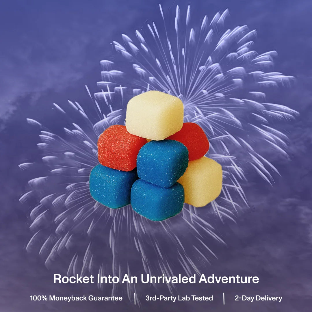 Colorful gummies in red, blue, and yellow with fireworks background and text: 'Rocket Into An Unrivaled Adventure'