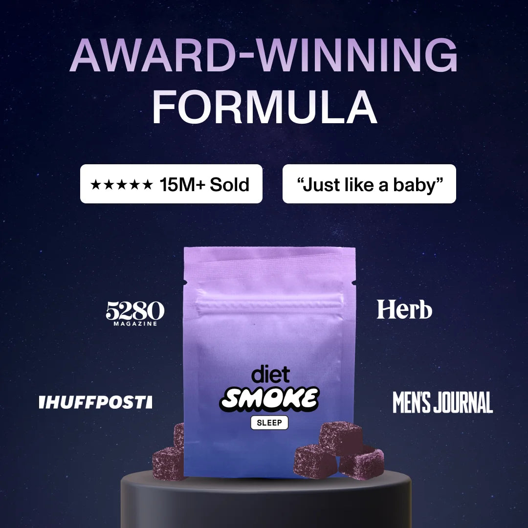 Award-winning formula with 15M+ sold, featuring Diet Smoke Sleep gummies and logos from 5280 Magazine, HuffPost, Herb, and Men's Journal.