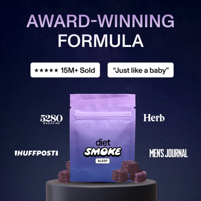 Award-winning formula with 15M+ sold, featuring Diet Smoke Sleep gummies and logos from 5280 Magazine, HuffPost, Herb, and Men's Journal.
