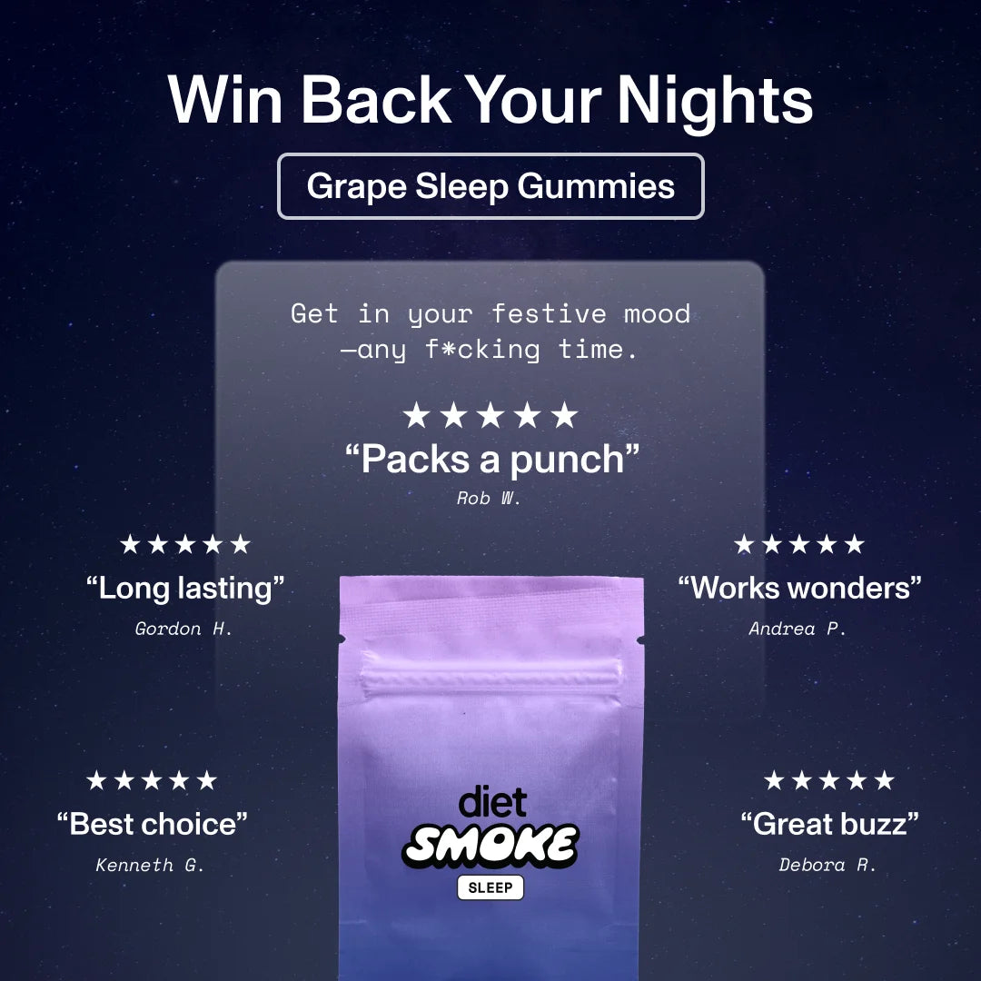 Grape Sleep Gummies packaging with text: 'Win Back Your Nights', 'Get in your festive mood - any f***ing time', reviews from customers.