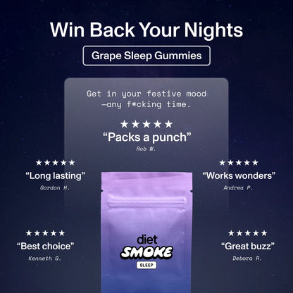 Grape Sleep Gummies packaging with text: 'Win Back Your Nights', 'Get in your festive mood - any f***ing time', reviews from customers.
