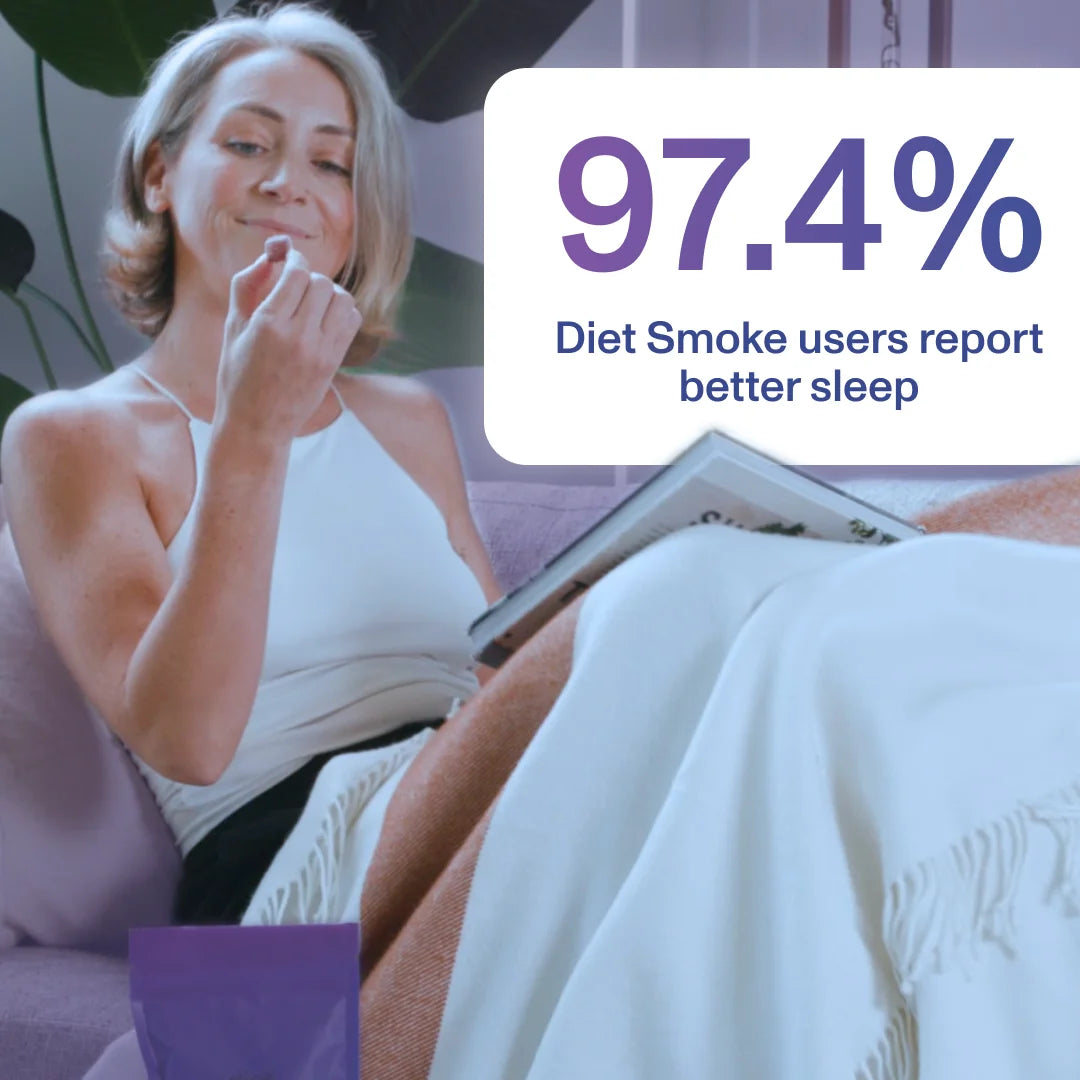 A woman enjoying Grape Sleep Gummies while reading, with text stating '97.4% Diet Smoke users report better sleep.'