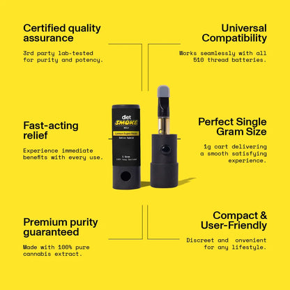 Lemon Super Haze Cart with features: Certified quality assurance, Fast-acting relief, Premium purity guaranteed, Universal compatibility, Compact & user-friendly.