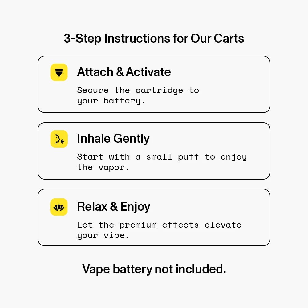 3-Step Instructions for Using Lemon Super Haze Cart: Attach & Activate, Inhale Gently, Relax & Enjoy. Vape battery not included.