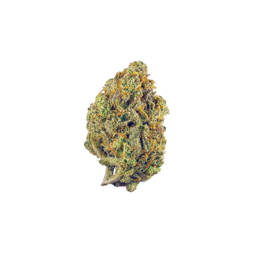 Close-up of a cannabis bud, showcasing its green and orange hues.