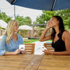 Two women enjoying Mango CBD Bears outdoors at a table