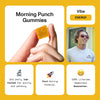 Morning Punch Gummies with energy vibe, featuring a hand holding a gummy and text about lab testing, fast-acting formula, and happiness guarantee.